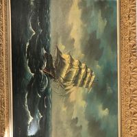 Huile sur toile représentant un navire en pleine tempête. Un petit embossement, quelques petites traces de salissure, huile de 70x50.