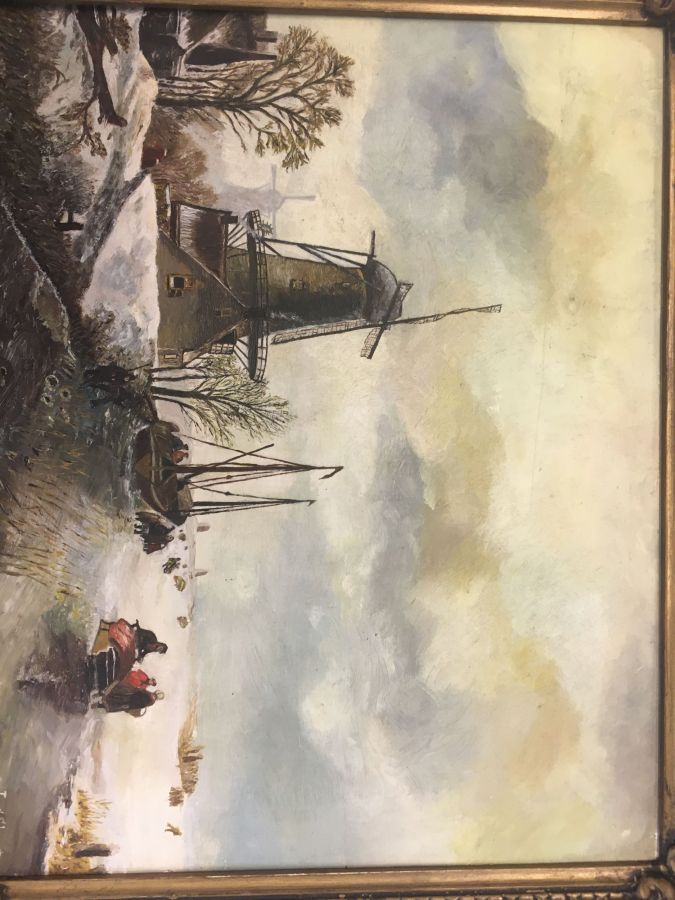 Peinture sur bois représentant un moulin, un voilier sur un décor neigeux. Quelques craquelures. Cadre avec moulures, nombreux éclats et dorure à restaurer. Signature JvdSLoot : Van der Sloot ?