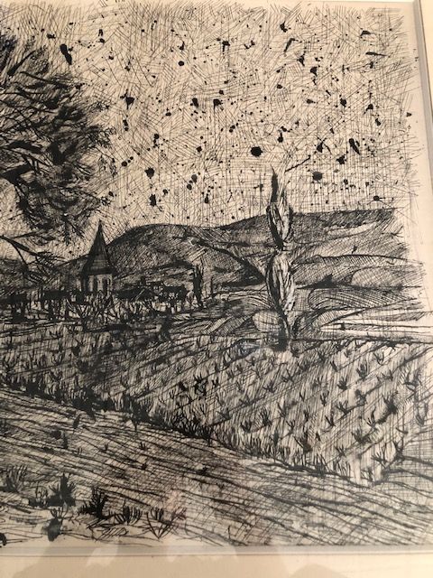 Lithographie signée Richard JERANIAN (1921-2019), noir et blanc, représentant un village. Encadrée.